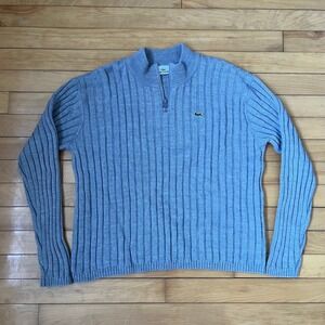 Lacoste Mens Ribbed Wool Blend Quarter Zip Sweater Light Blue Mock Neck Size 16